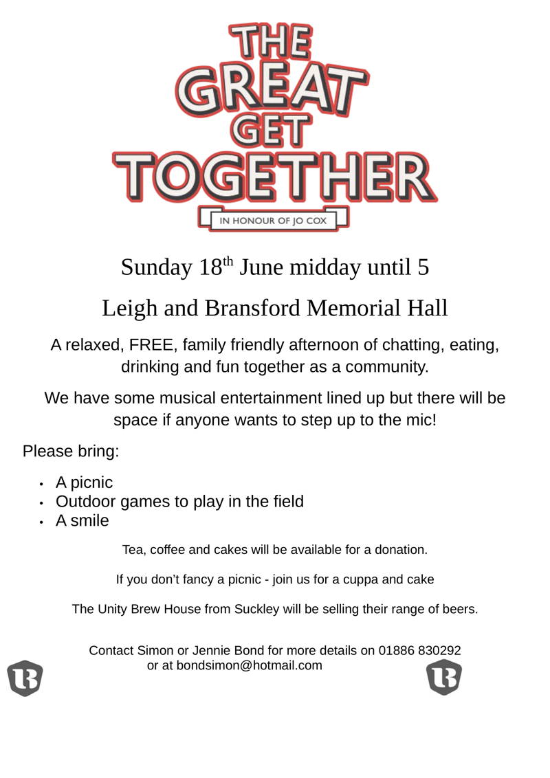 The Great Get Together at Leigh and Bransford Memorial Hall, Sunday 18th June, 12 noon until 5pm